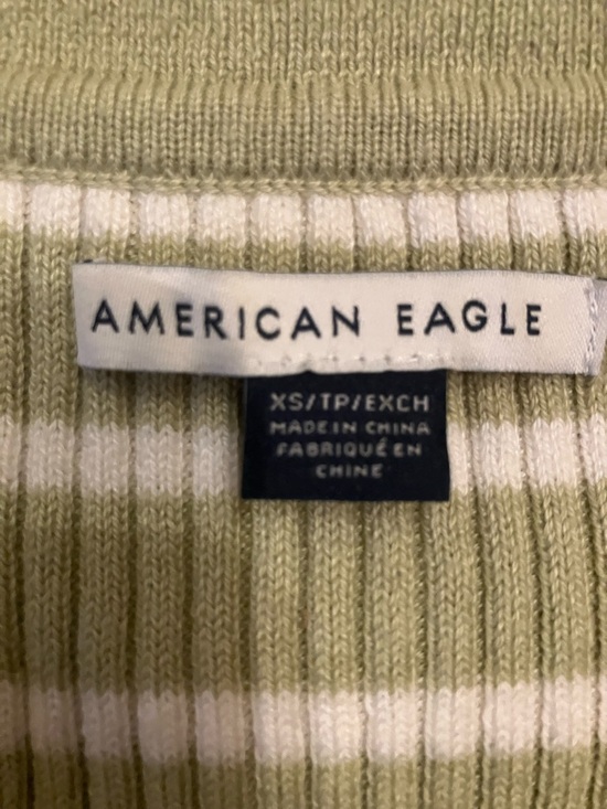 American Eagle Outfitters Light Sage and White Striped V-Neck Sweater - Picture 2 of 5